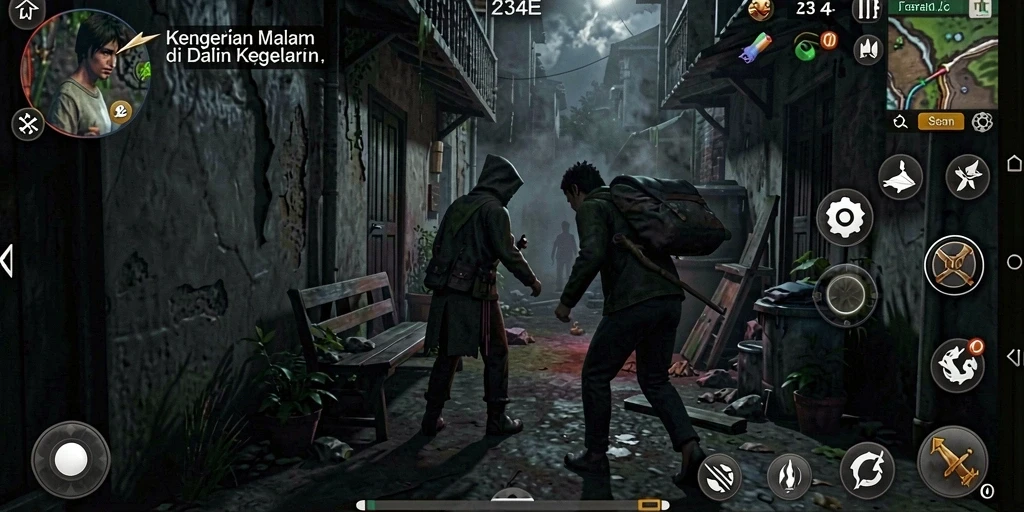 Screenshot gameplay 234E menampilkan suasana horor yang mencekam.