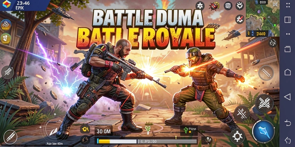 Screenshot utama 3446 menampilkan aksi seru dalam pertarungan Battle Royale.