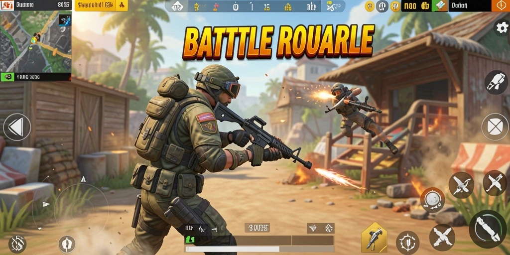 Tangkapan layar gameplay 8055 menampilkan aksi seru dalam Battle Royale.