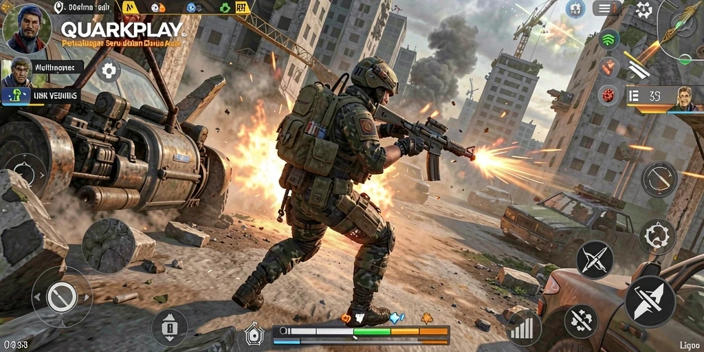 Screenshot utama menampilkan aksi mendebarkan di QUARKPLAY.