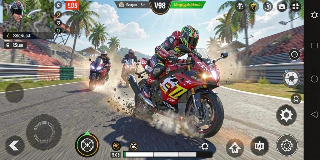 Tampilan gameplay V98 dengan balapan motor yang mendebarkan.