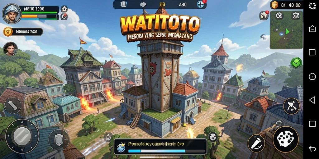 Tangkapan layar gameplay WATITOTO menampilkan pertahanan menara yang intens.